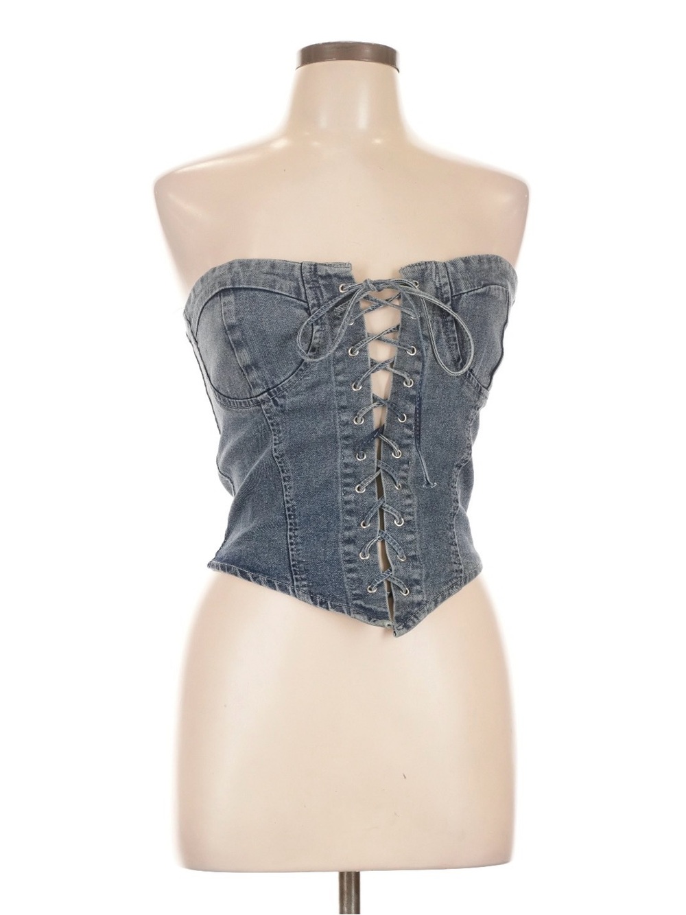 Denim Lace-Up Strapless Corset Top - Blue